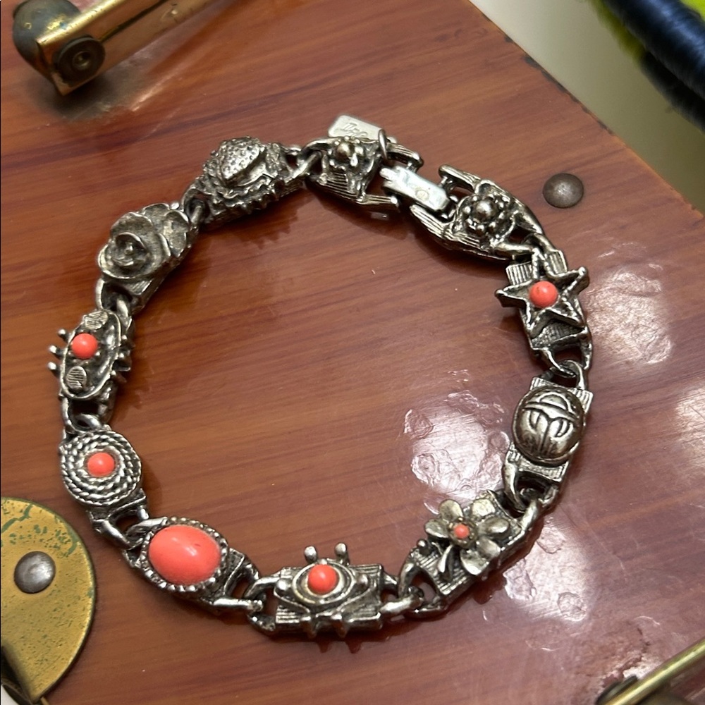 Vintage ACT II Signed 1970’s Egyptian Revival Coral Bracelet